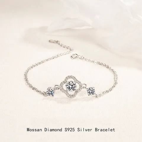 Bracciale in Argento Sterling 925 con Moissanite per Donna Quadrifoglio Doppia Catena Regolabile Gioielli Elegante Matrimonio Regalo