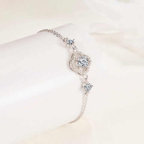 Bracciale in Argento Sterling 925 con Moissanite per Donna Quadrifoglio Doppia Catena Regolabile Gioielli Elegante Matrimonio Regalo