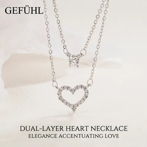 Collar de Doble Capa de Plata de Ley 925 con Corazón de Circonia Color Platino Joyería Minimalista para Mujer Regalo