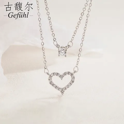 Collana a Doppio Strato in Argento Sterling 925 con Cuore di Zirconia Color Platino Gioielli Minimalisti per Donna Regalo