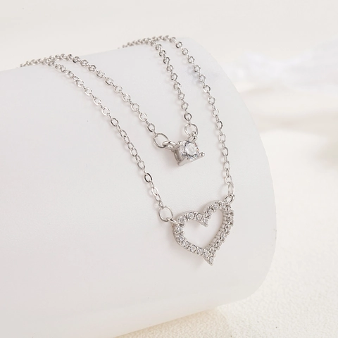 Collana a Doppio Strato in Argento Sterling 925 con Cuore di Zirconia Color Platino Gioielli Minimalisti per Donna Regalo