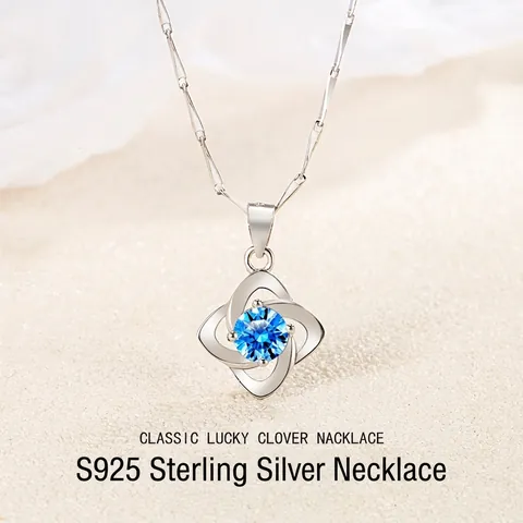 Collar de Trébol de Plata de Ley 925 para Mujer Colgante de Circonia Redonda Incrustado Joyería Floral Clásica Regalo Suerte