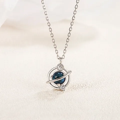 Collar de Plata de Ley 925 con Colgante de Planeta de Piedra de Arena Azul para Mujer Joyas de Cosmos Strass Regalo