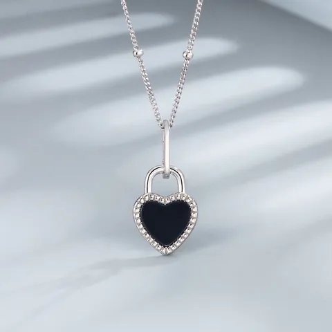 Collana con Pendente a Cuore in Argento Sterling 925 per Donna Agata Nera Madreperla Bordo in Pizzo Gioielli Eleganti