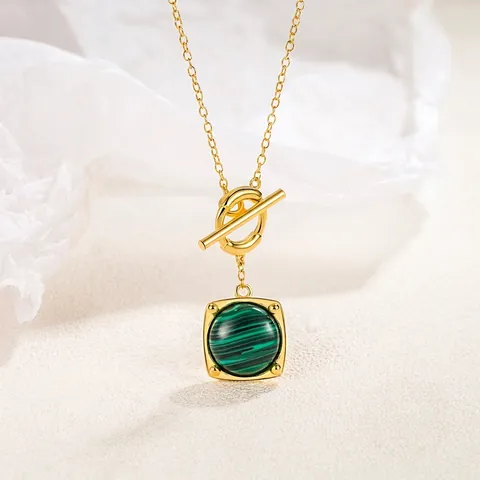 Collana in Argento Sterling 925 con Malaquita per Donna Chiusura a T Vintage Ciondolo Geometrico Quadrato Pietra Verde Gioielli di Moda