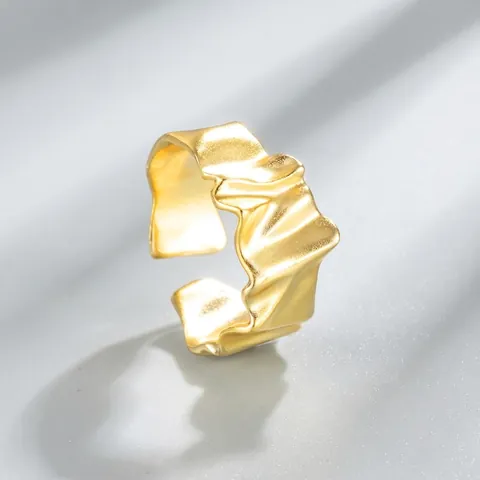 925 Sterling Silver Irregular Crumpled Texture Open Ring For Women Minimalist Metallic Wavy Adjustable Finger Ring Fashion Jewelry
