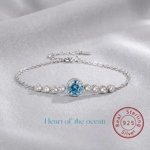 Pulsera De Corazón Del Océano De Plata De Ley 925 Para Mujer Lujo Diamantes De Imitación Redondos Cadena Ajustable Regalo