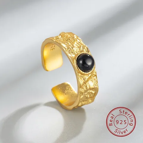 925 Sterling Silver Open Adjustable Ring Minimalist Irregular Hammered Texture Black Stone Finger Ring Jewelry For Women