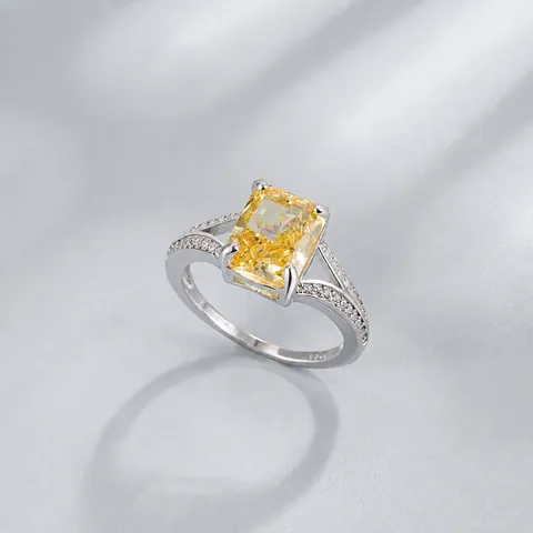 925 Sterling Silver Ring For Women Rectangular Rhinestone Ice Flower Cut Yellow Red White Jewelry Elegant Split Shank Ring