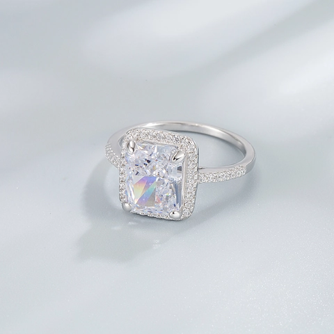 Anillo de Plata de Ley 925 con Corte de Flor de Hielo y Diamante de Imitación Rectangular para Mujer Elegante Anello de Joyería de Banquete