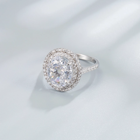 Elegante Anello in Argento Sterling 925 con Strass Taglio Ovale per Donna Doppio Halo Fidanzamento Matrimonio Festa Gioielli Moda
