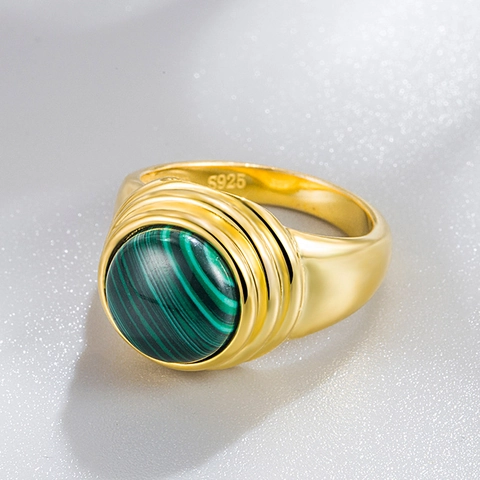 Vintage 925 Sterlingsilber Malachit Ring Für Damen 18K Gold Plattiert Ovaler Grüner Stein Französischer Stil Eleganter Schmuck