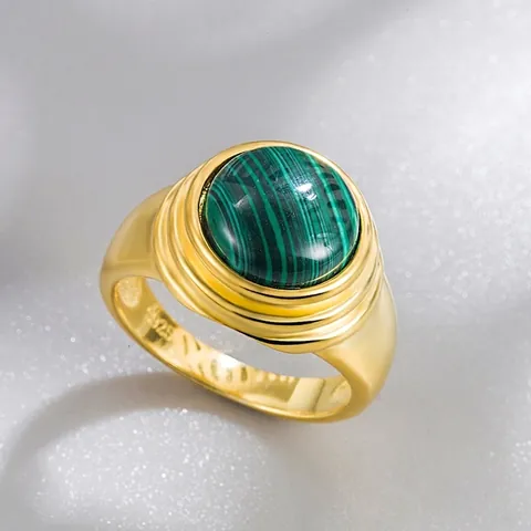 Vintage 925 Sterlingsilber Malachit Ring Für Damen 18K Gold Plattiert Ovaler Grüner Stein Französischer Stil Eleganter Schmuck