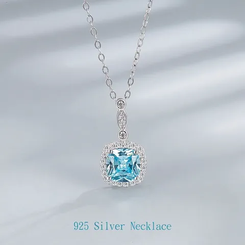 Collana Cuore Dell'Oceano in Argento Sterling 925 per Donna Pendente in Zirconia Quadrata Blu Chiaro Gioielli da Collo Moda Lusso Leggero Regalo