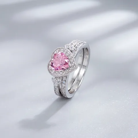 925 Sterling Silver Heart Ring Pink Yellow Rhinestone Inlaid Double Layer Split Shank Engagement Ring For Women Jewelry
