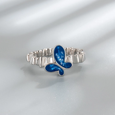 925 Sterlingsilber Blau Emaille Farbverlauf Schmetterling Offener Ring Französisch Romantisch Plissiert Verstellbar Schmuck Damen