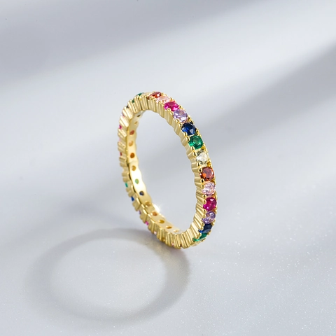 925 Sterling Silver Rainbow Eternity Ring For Women Multi Color Zirconia Inlaid Gold Silver Plated Fashion Band Ring