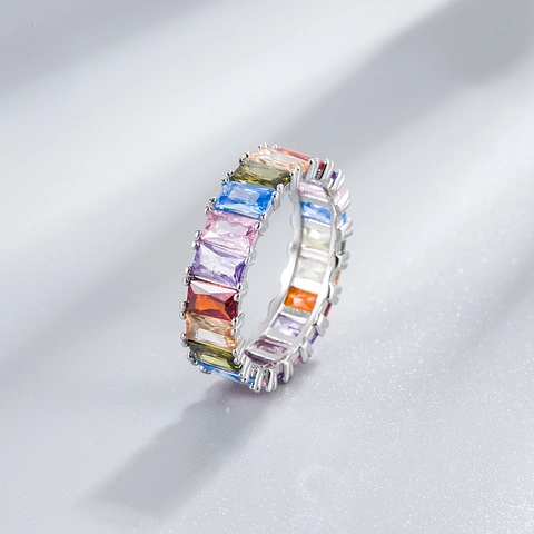925 Sterling Silver Rainbow Zirconia Eternity Ring For Women Rectangular Colorful Gemstone Inlaid Gold Silver Plated Finger Ring Jewelry