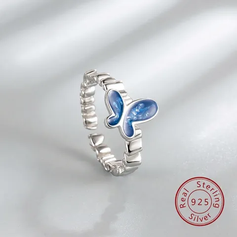 925 Sterlingsilber Blau Emaille Farbverlauf Schmetterling Offener Ring Französisch Romantisch Plissiert Verstellbar Schmuck Damen