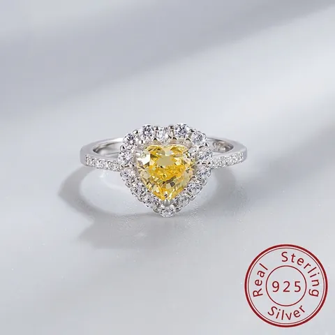 925 Sterling Silver Heart Shaped Rhinestone Ring For Women Ice Cut Pink Yellow Gemstone Elegant Light Luxury Finger Jewelry