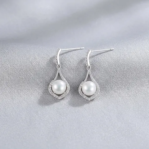 Orecchini in Argento Sterling 925 a Goccia con Perla d'Acqua Dolce per Donna Elegante Intarsiato con Strass Gioielli Regalo