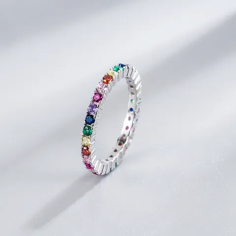 925 Sterling Silver Rainbow Eternity Ring For Women Multi Color Zirconia Inlaid Gold Silver Plated Fashion Band Ring