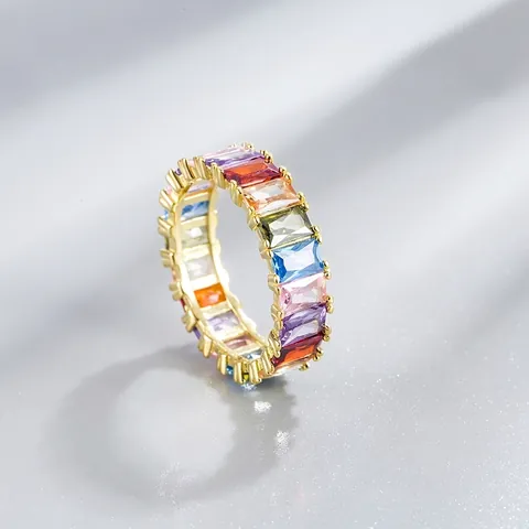 925 Sterling Silver Rainbow Zirconia Eternity Ring For Women Rectangular Colorful Gemstone Inlaid Gold Silver Plated Finger Ring Jewelry