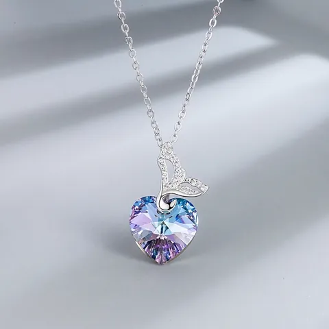 925 Sterlingsilber Herz Fischschwanz Anhänger Halskette Farbverlauf Kristall Strass Eingelegt Weißgold Schlüsselbeinkette Für Damen Schmuck