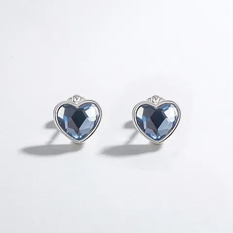 925 Sterling Silver Blue Heart Rhinestone Stud Earrings Ocean Heart Design For Women Fashion Jewelry Daily Ear Studs