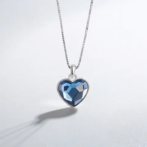 Collar con Colgante de Corazón de Plata de Ley 925 Strass Azul Ocean Heart Joyería Romántica para Mujer Regalo de Aniversario Boda