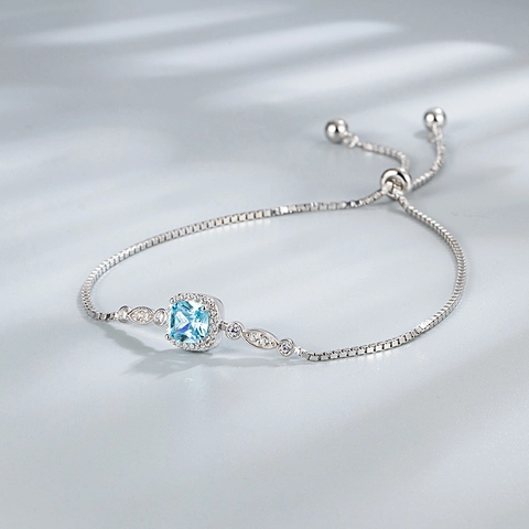 925 Sterling Silver Sea Blue Square Zirconia Ocean Heart Adjustable Slider Box Chain Bracelet For Women Luxurious Jewelry Gift