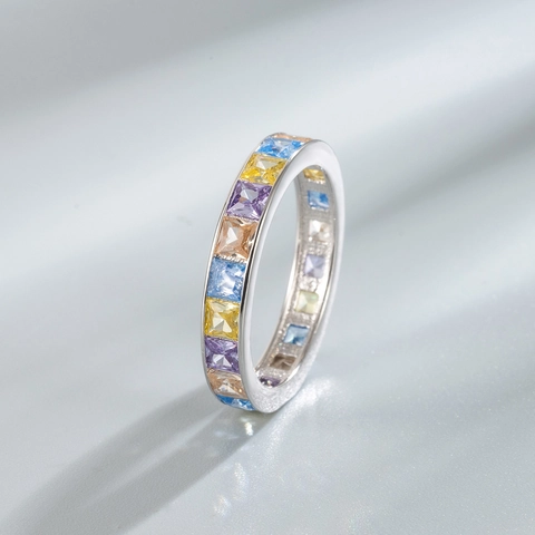 S925 Sterling Silver Rainbow Eternity Ring Square Cut Zirconia Inlaid Gold Silver Plated Fashion Finger Ring For Women Jewelry