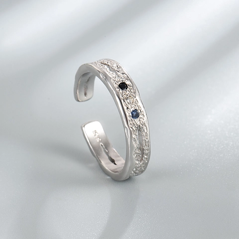 925 Sterling Silver Adjustable Open Ring For Women Irregular Rock Texture Micro Inlaid Blue Black Rhinestone Hip Hop Jewelry