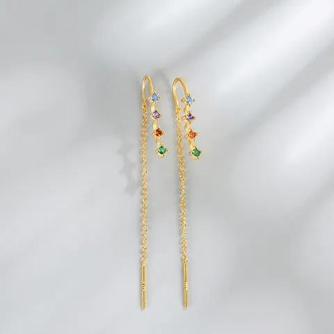 925 Plata de Ley Borla Larga Arcoíris Circonia Pendientes de Hilo Mujeres Dopamina Colorida Joyería de Moda de Lujo