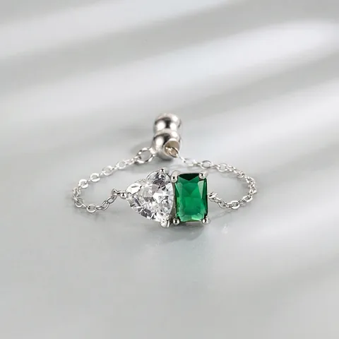 Elegant 925 Sterling Silver Adjustable Chain Ring Heart Zirconia Emerald Cut Emerald Green Stone Ring For Women Jewelry