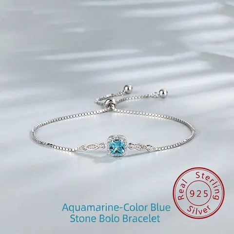925 Sterling Silver Sea Blue Square Zirconia Ocean Heart Adjustable Slider Box Chain Bracelet For Women Luxurious Jewelry Gift