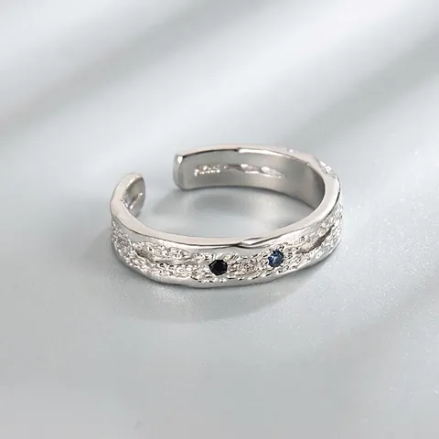 925 Sterling Silver Adjustable Open Ring For Women Irregular Rock Texture Micro Inlaid Blue Black Rhinestone Hip Hop Jewelry
