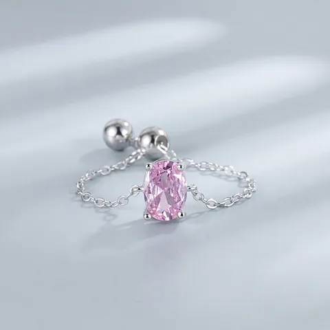 Anello a Catena in Argento Sterling S925 con Zirconia Ovale per Donna Minimalista Regolabile Geometrico Gioielli Regalo