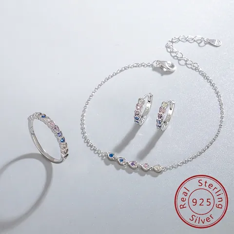 925 Sterling Silver Heart Colorful Zirconia Jewelry Set Multicolor Heart Ring Earrings Bracelet For Women Fashion Jewelry