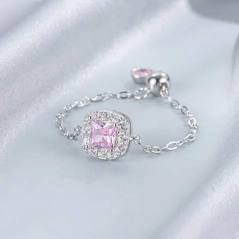 S925 Sterling Silver Square Rhinestone Chain Ring Adjustable Pink White Stone Ring Earrings Necklace Bracelet Jewelry Set For Women