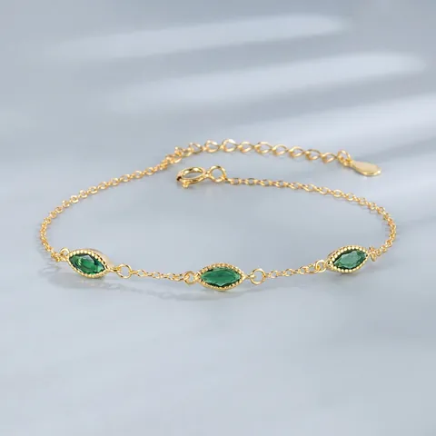 Bracelet en Argent Sterling 925 avec Zirconia Vert pour Femmes Bracelet à Charme Cœur Marquise Carré Émeraude Plaqué Or Bijoux Mode