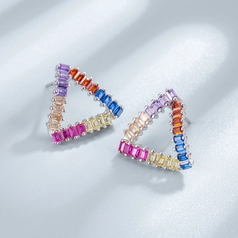 925 Sterling Zilver Driehoek Oorknopjes Voor Vrouwen Veelkleurig Zirconia Ingelegde Geometrische Regenboog Kleurblok Luxe Oorbellen