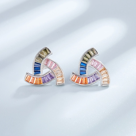 Pendientes de Botón de Plata de Ley 925 Con Circonia de Corte Baguette Colorida Joyería de Oreja Geométrica para Mujer
