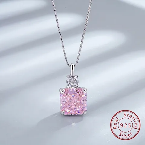 S925 Sterling Silver Square Cut Zirconia Necklace For Women Elegant Ice Flower High Carbon Diamond Pendant Box Chain Jewelry