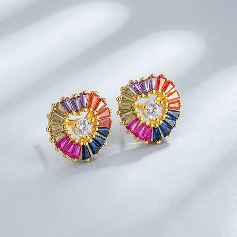 925 Sterling Silver Rainbow Zirconia Heart Stud Earrings For Women Baguette Cut Heart Shaped Fashion Jewelry Gift