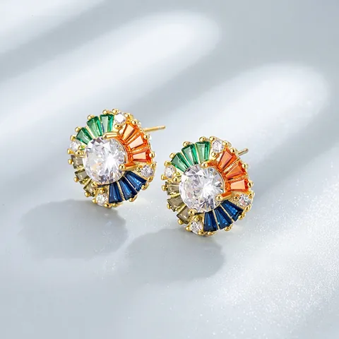 Orecchini a Bottone in Argento Sterling 925 con Zirconi Colorati Placcati Oro 18K Girasole Tondo Gioielli per Donna