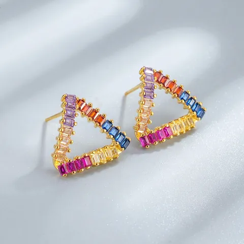 925 Sterling Zilver Driehoek Oorknopjes Voor Vrouwen Veelkleurig Zirconia Ingelegde Geometrische Regenboog Kleurblok Luxe Oorbellen