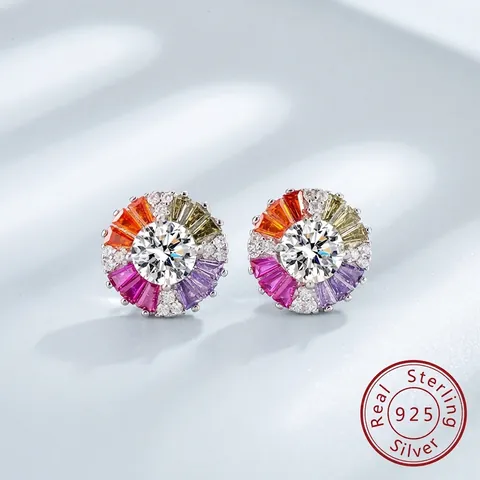 925 Sterling Zilver Veelkleurige Ronde Zirconia Oorknopjes Voor Vrouwen Kleurrijke Geometrische Ingelegde Luxe Sieraden Cadeau