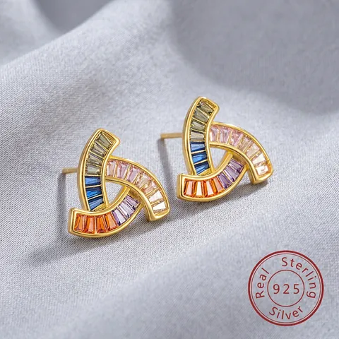 Pendientes de Botón de Plata de Ley 925 Con Circonia de Corte Baguette Colorida Joyería de Oreja Geométrica para Mujer