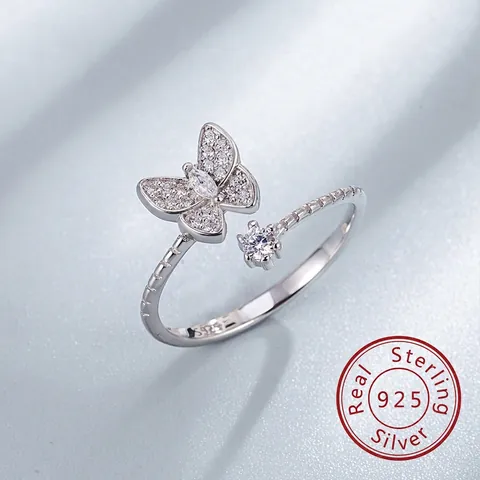 S925 Sterlingsilber Schmetterling Offener Ring Für Damen Minimalist Verstellbar Zirkonia Fingerring Korean Waldstil Schmuck